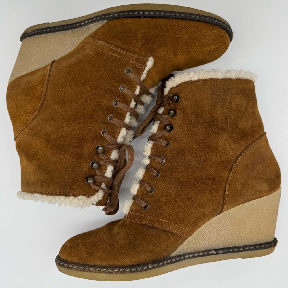 J. Crew MacAlister Brown Suede Leather Shearling Wedge Boot Size 8